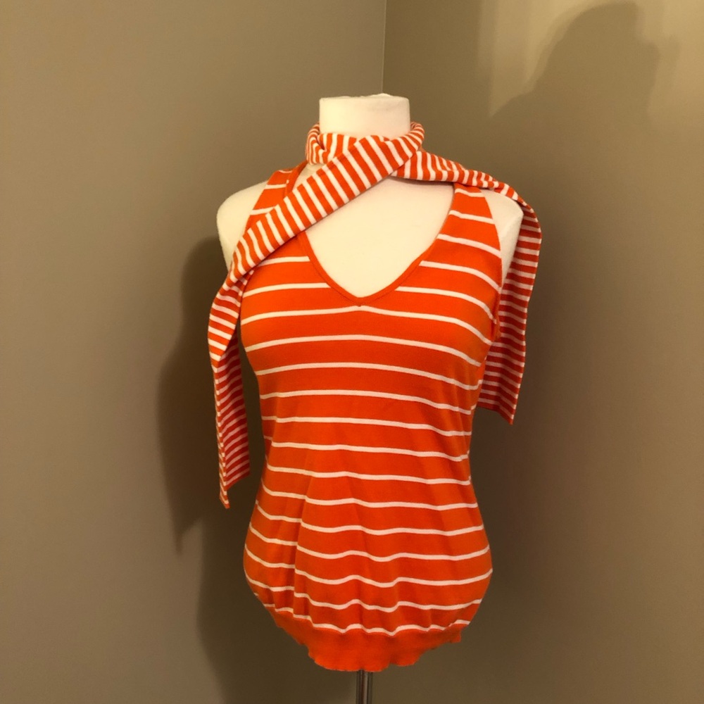 Ralph Lauren Orange and White Strip Sleeveless Knit Top with Attached Sc…
